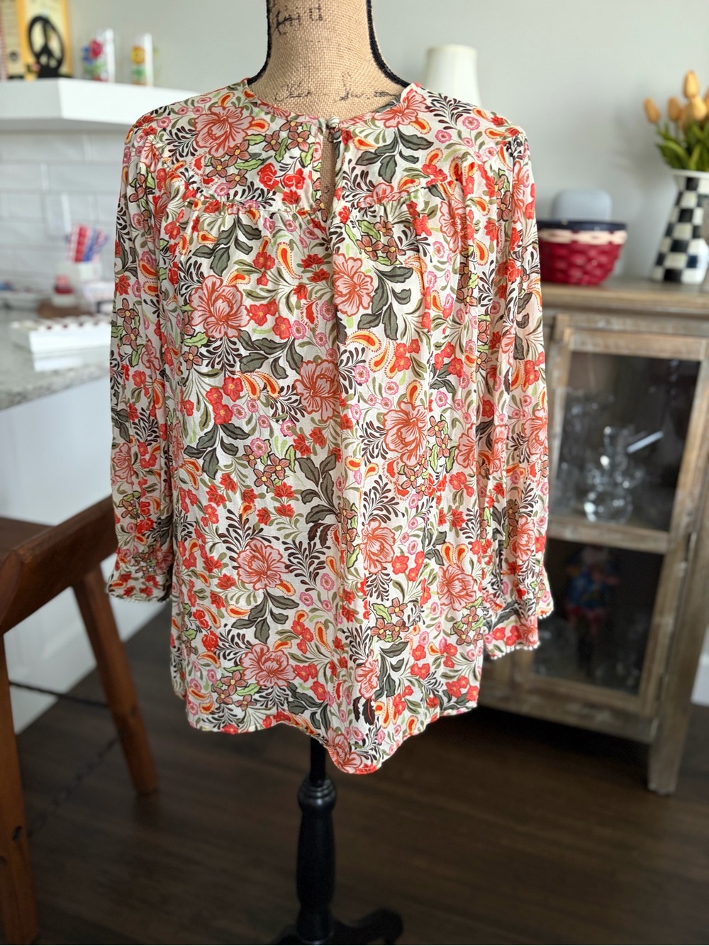 Johnny Was Floral Long-Sleeve Peasant Blouse - Coral, Green, Cream
